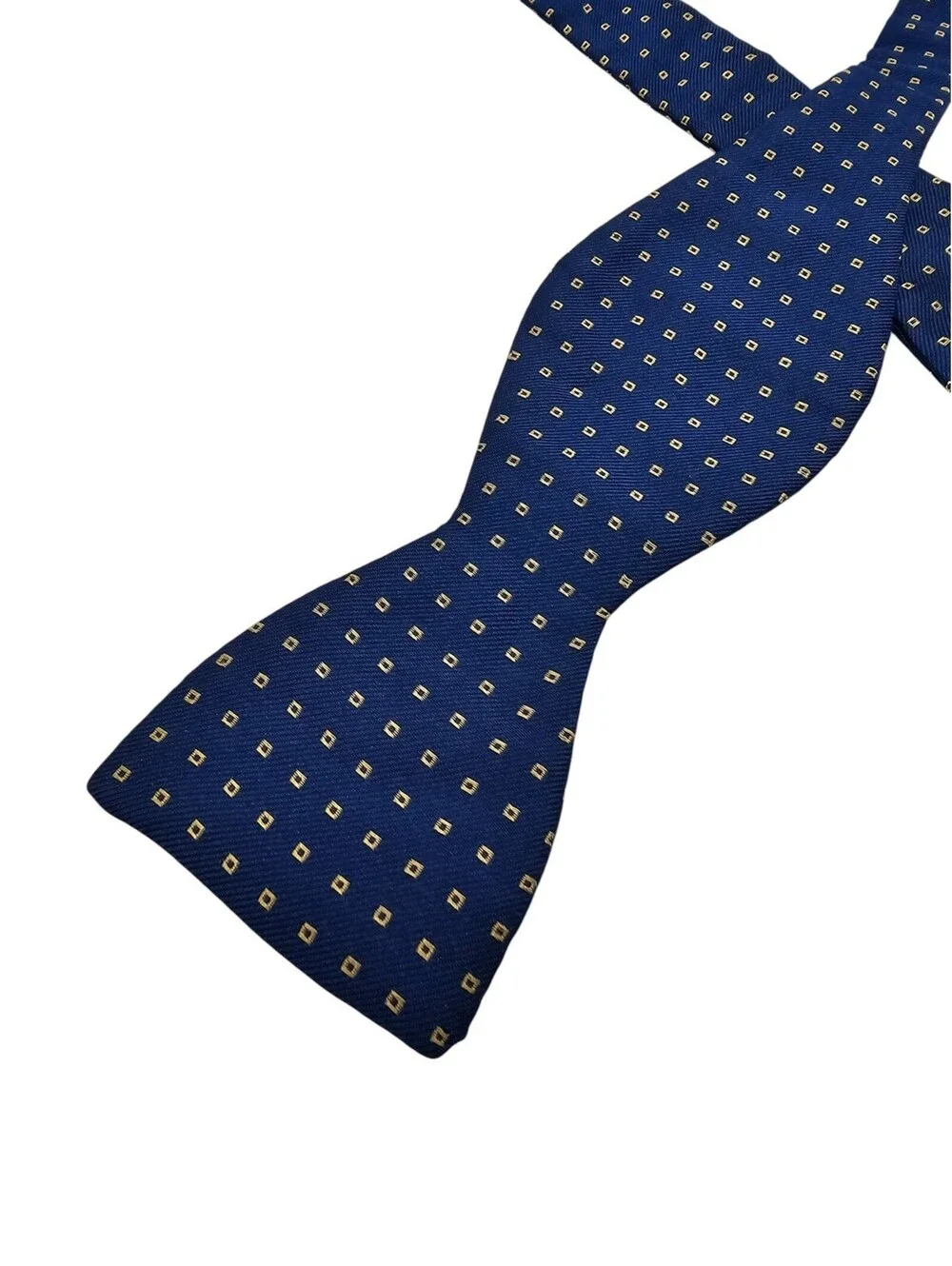Lands End Mens 100% Silk Self Bow Tie Bowtie Blue Gold Geometric